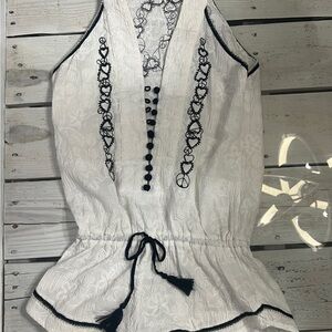 Poupette St Barth Romper White Embroidered Romper with Black Embroidery Detail